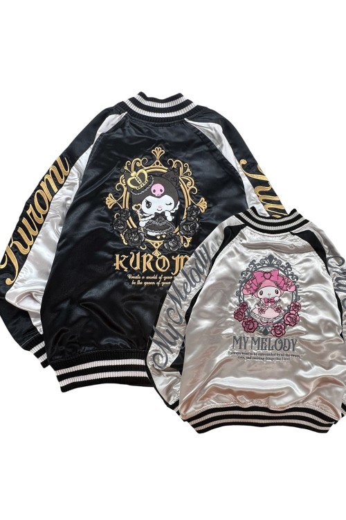 Sukajan Reversible Embroidered Bomber Jacket Kuromi and My Melody Princess - Black x Silver
