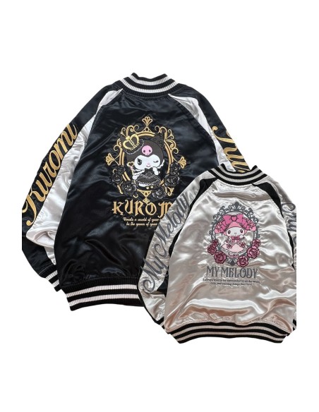 Chaqueta Bomber Sukajan Bordada Reversible Kuromi & My Melody Princess - Negro x Plata