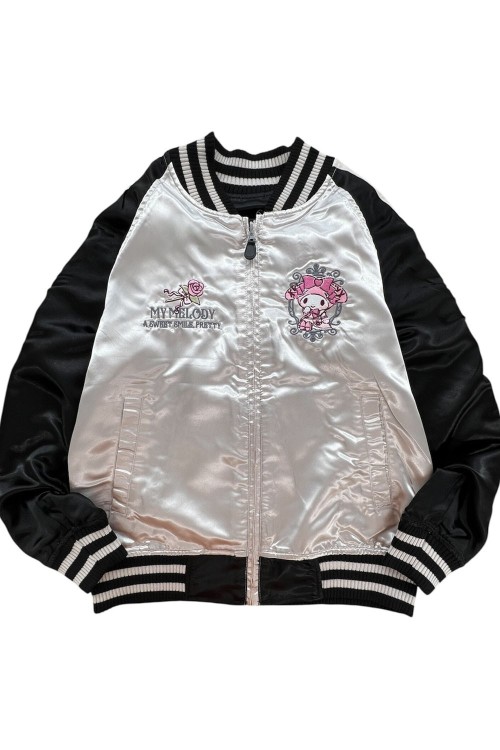 Chaqueta Bomber Sukajan Bordada Reversible Kuromi & My Melody Princess - Negro x Plata