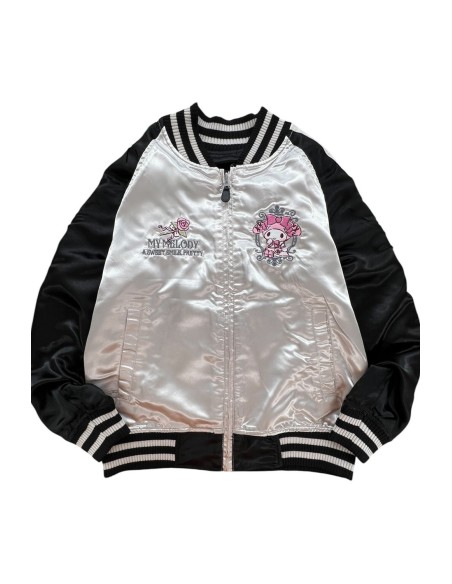 Chaqueta Bomber Sukajan Bordada Reversible Kuromi & My Melody Princess - Negro x Plata