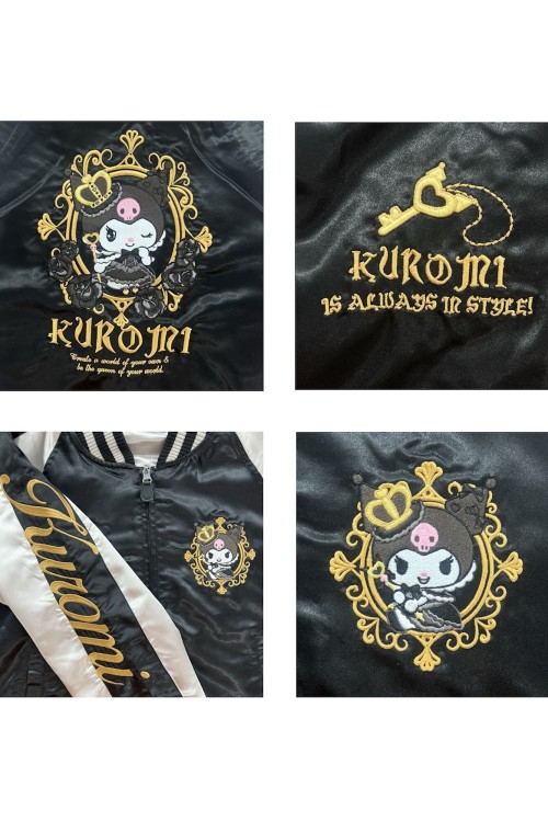 Sukajan Reversible Embroidered Bomber Jacket Kuromi and My Melody Princess - Black x Silver