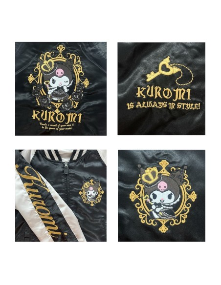 Sukajan Reversible Embroidered Bomber Jacket Kuromi and My Melody Princess - Black x Silver