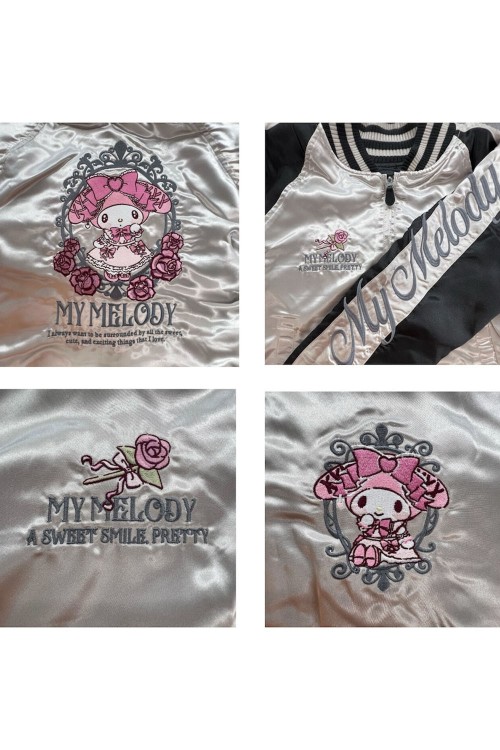 Chaqueta Bomber Sukajan Bordada Reversible Kuromi & My Melody Princess - Negro x Plata