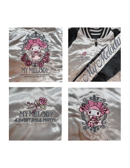Chaqueta Bomber Sukajan Bordada Reversible Kuromi & My Melody Princess - Negro x Plata
