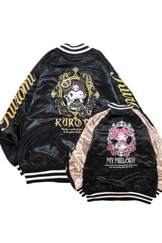 Chaqueta Bomber Sukajan Bordada Reversible Kuromi & My Melody Princess - Negro x Rosa