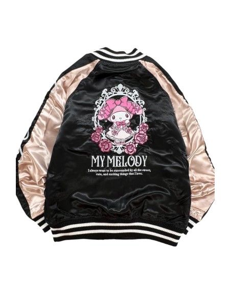 Sukajan Reversible Embroidered Bomber Jacket Kuromi and My Melody Princess - Black x Pink
