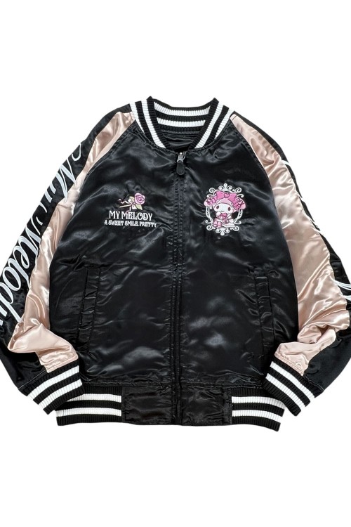 Sukajan Reversible Embroidered Bomber Jacket Kuromi and My Melody Princess - Black x Pink