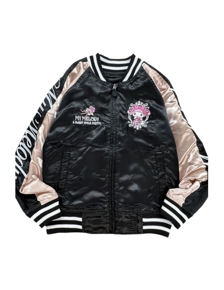 Chaqueta Bomber Sukajan Bordada Reversible Kuromi & My Melody Princess - Negro x Rosa