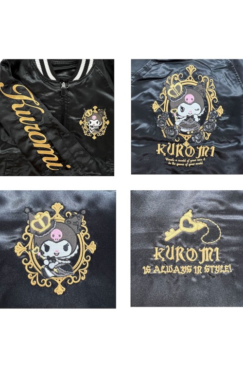 Sukajan Reversible Embroidered Bomber Jacket Kuromi and My Melody Princess - Black x Pink