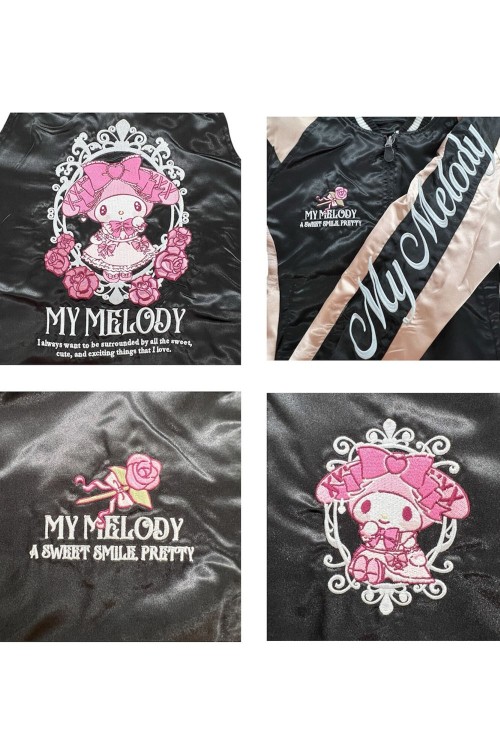 Sukajan Reversible Embroidered Bomber Jacket Kuromi and My Melody Princess - Black x Pink