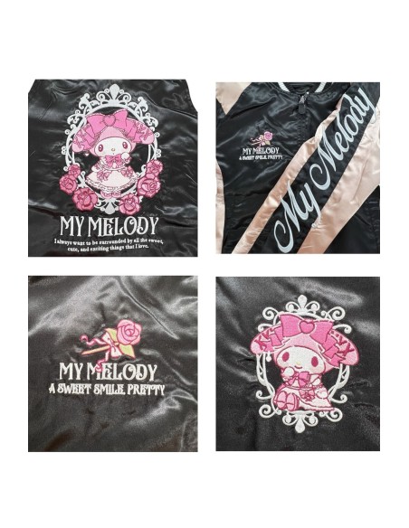 Sukajan Reversible Embroidered Bomber Jacket Kuromi and My Melody Princess - Black x Pink