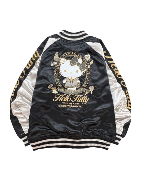 Chaqueta Bomber Sukajan Reversible Bordada Hello Kitty Lolita - Negro x Plata