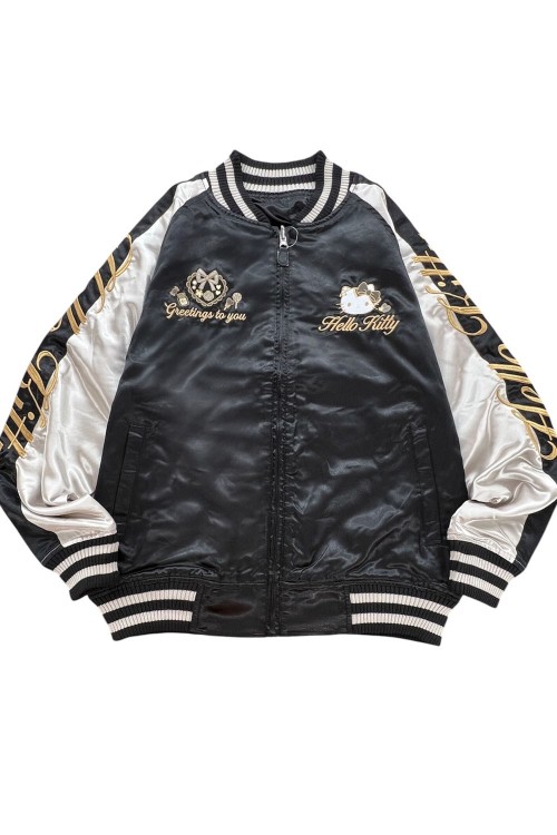 Chaqueta Bomber Sukajan Reversible Bordada Hello Kitty Lolita - Negro x Plata