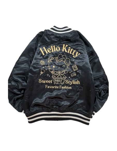 Chaqueta Bomber Sukajan Reversible Bordada Hello Kitty Lolita - Negro x Plata