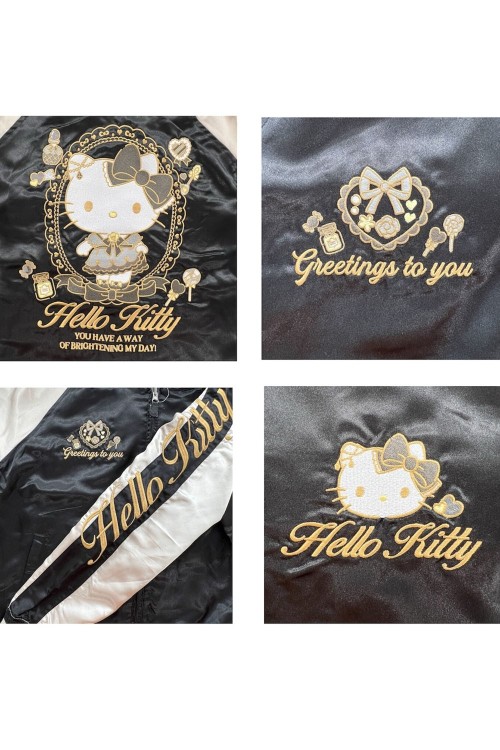 Chaqueta Bomber Sukajan Reversible Bordada Hello Kitty Lolita - Negro x Plata