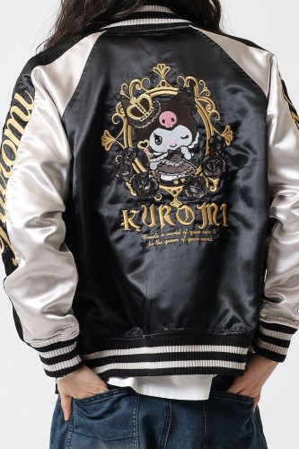 Sukajan Reversible Embroidered Bomber Jacket Kuromi and My Melody Princess - Black x Silver