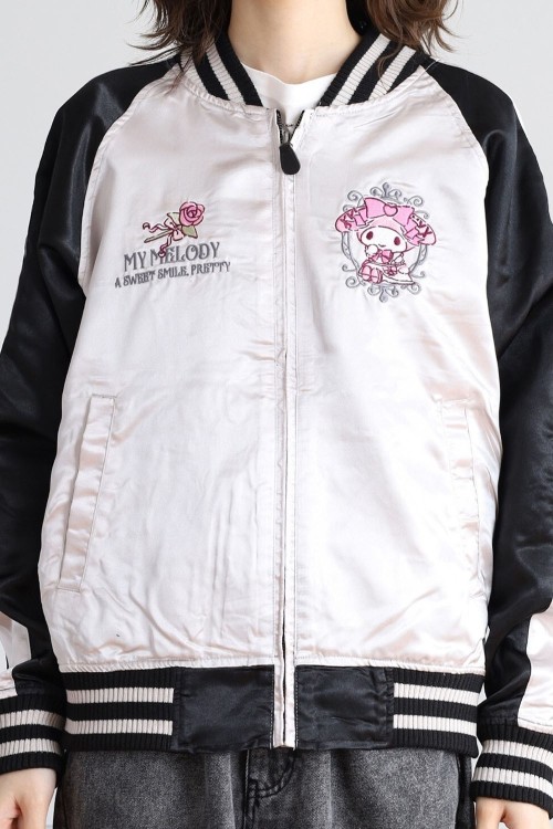 Chaqueta Bomber Sukajan Bordada Reversible Kuromi & My Melody Princess - Negro x Plata