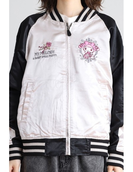 Chaqueta Bomber Sukajan Bordada Reversible Kuromi & My Melody Princess - Negro x Plata