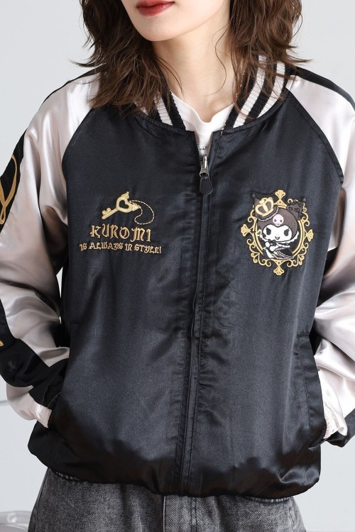 Chaqueta Bomber Sukajan Bordada Reversible Kuromi & My Melody Princess - Negro x Plata
