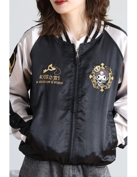 Sukajan Reversible Embroidered Bomber Jacket Kuromi and My Melody Princess - Black x Silver