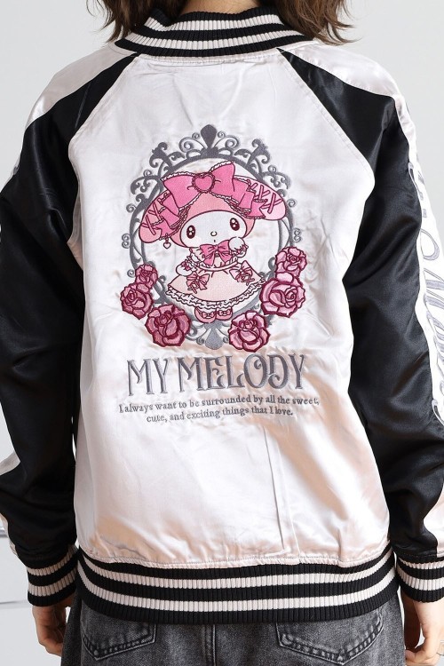 Sukajan Reversible Embroidered Bomber Jacket Kuromi and My Melody Princess - Black x Silver