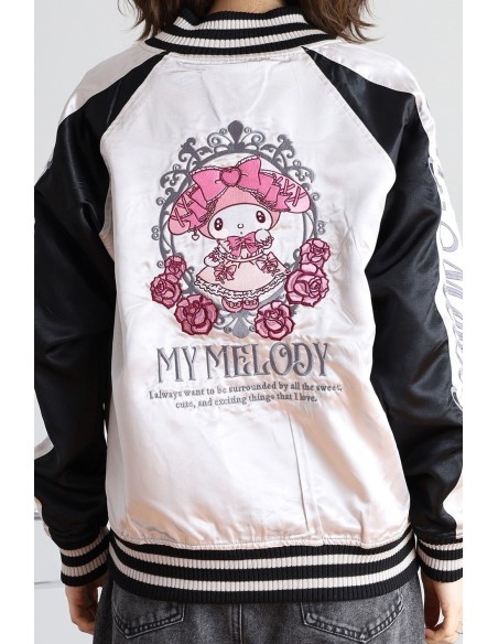Chaqueta Bomber Sukajan Bordada Reversible Kuromi & My Melody Princess - Negro x Plata