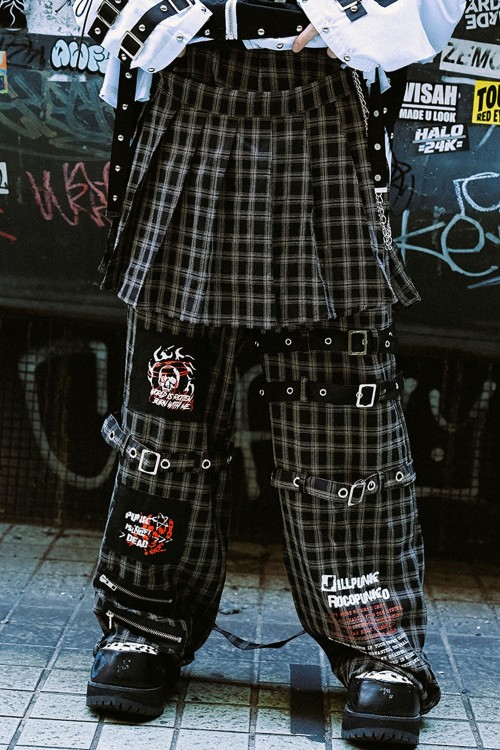 Punk Frenzy Overskirt Trousers in Black Tartan - Jill Punk