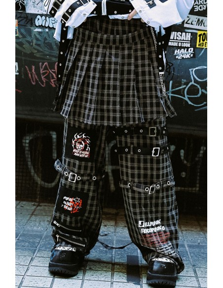 Punk Frenzy Overskirt Trousers in Black Tartan - Jill Punk