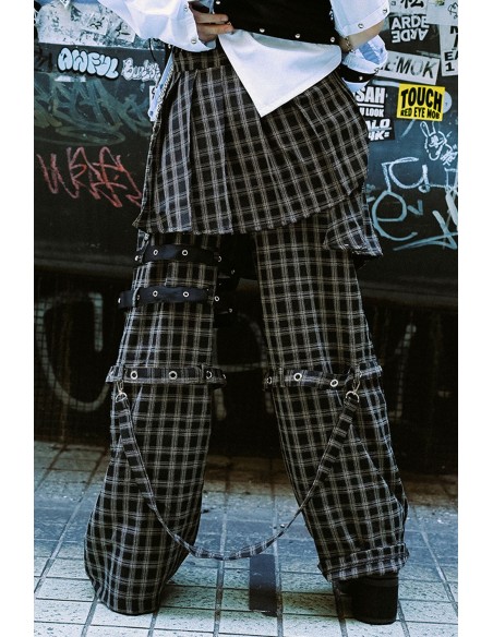 Pantalón con Sobrefalda Punk Frenzy en Tartán Negro - Jill Punk
