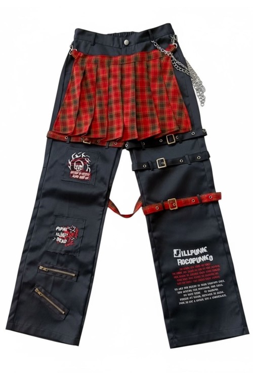 Punk Frenzy Overskirt Trousers in Red Tartan - Jill Punk