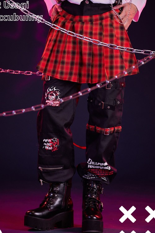 Punk Frenzy Overskirt Trousers in Red Tartan - Jill Punk