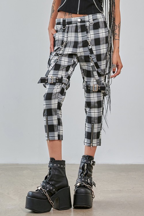 Pantalón 3/4 Nocturne Buckle de Tartán Negro x Blanco - Banned
