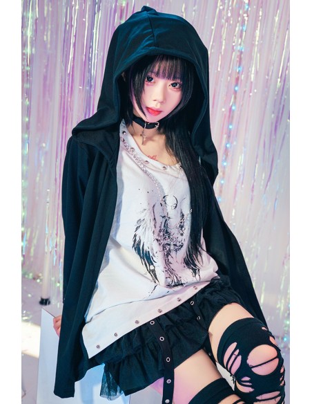 Two-Piece Effect Hooded Top Crossed Angel in White x Black - Jill Punk