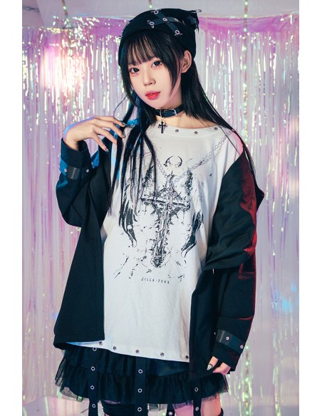 Top Efecto dos Piezas con Capucha Crossed Angel en Blanco x Negro - Jill Punk