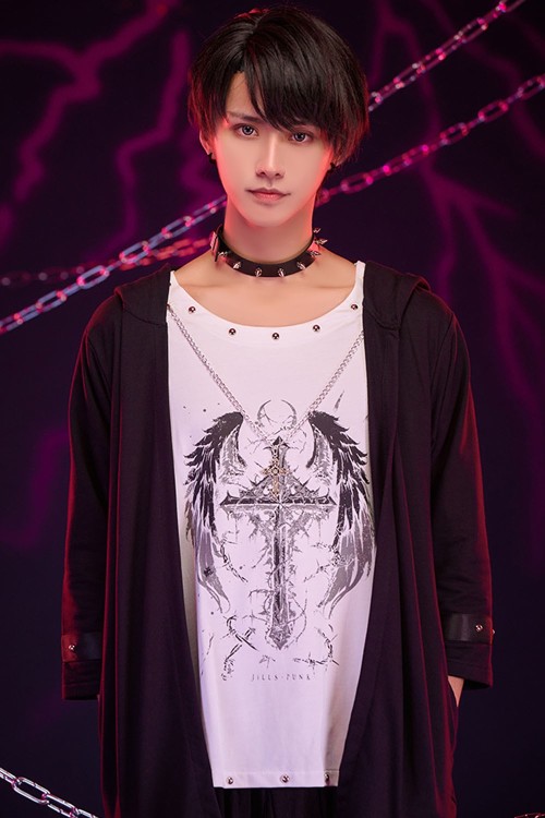 Two-Piece Effect Hooded Top Crossed Angel in White x Black - Jill Punk