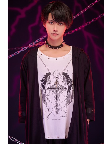 Two-Piece Effect Hooded Top Crossed Angel in White x Black - Jill Punk