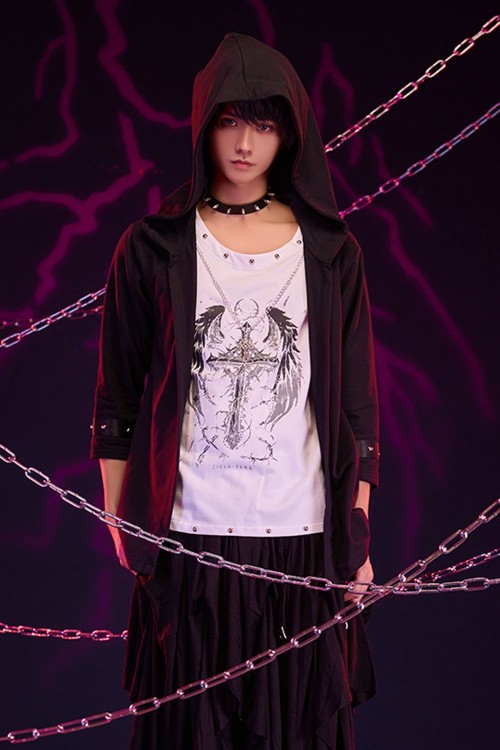 Two-Piece Effect Hooded Top Crossed Angel in White x Black - Jill Punk