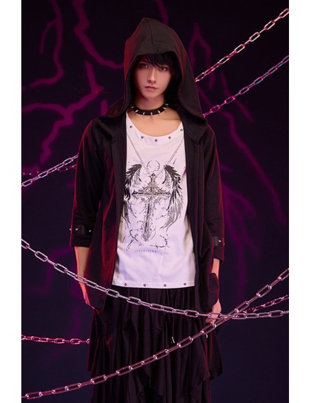 Two-Piece Effect Hooded Top Crossed Angel in White x Black - Jill Punk