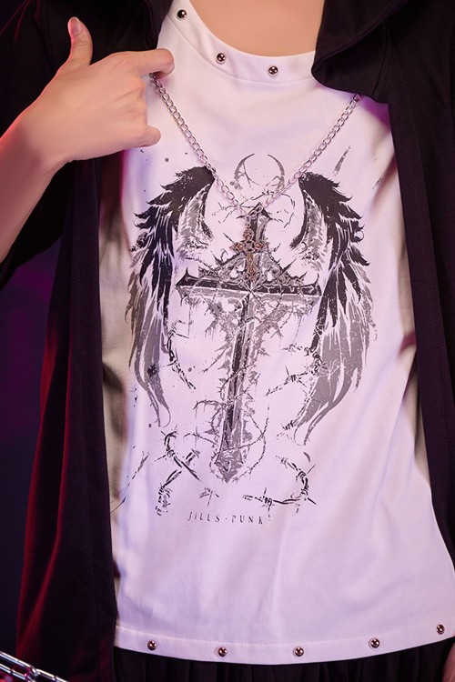 Two-Piece Effect Hooded Top Crossed Angel in White x Black - Jill Punk
