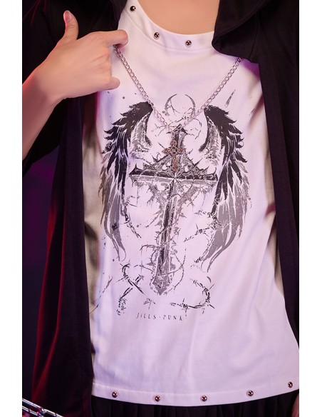 Two-Piece Effect Hooded Top Crossed Angel in White x Black - Jill Punk