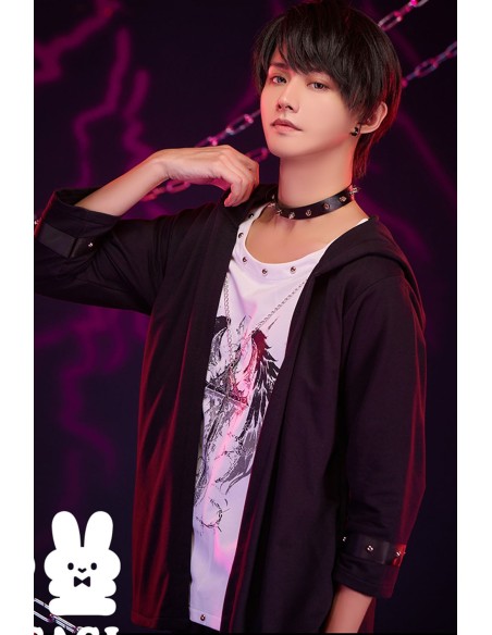 Two-Piece Effect Hooded Top Crossed Angel in White x Black - Jill Punk