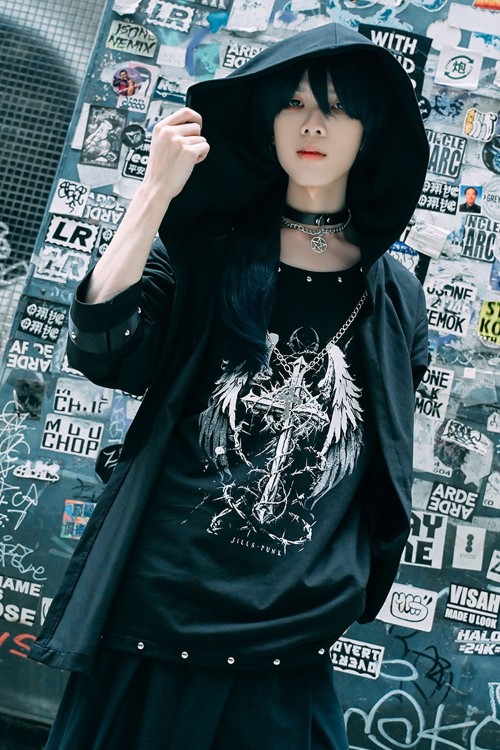 Two-Piece Effect Hooded Top Crossed Angel in Black - Jill Punk