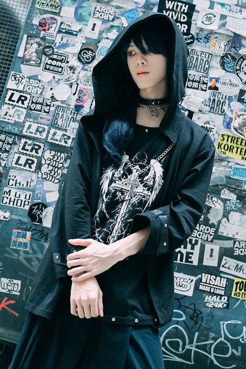 Two-Piece Effect Hooded Top Crossed Angel in Black - Jill Punk
