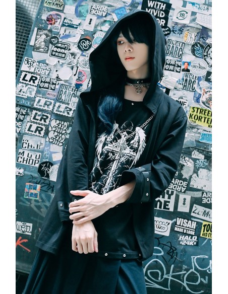 Two-Piece Effect Hooded Top Crossed Angel in Black - Jill Punk