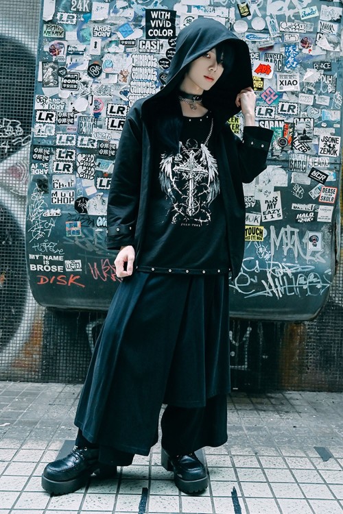 Two-Piece Effect Hooded Top Crossed Angel in Black - Jill Punk