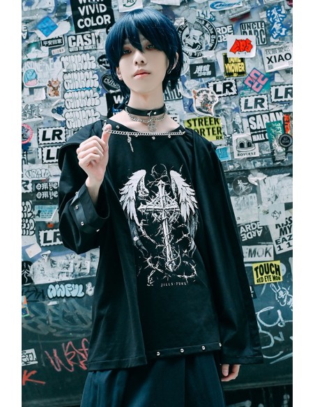 Two-Piece Effect Hooded Top Crossed Angel in Black - Jill Punk