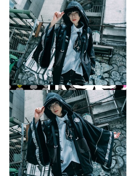 Sakamoto Ryoma  Hooded Techwear Haori in Black- Jill Punk