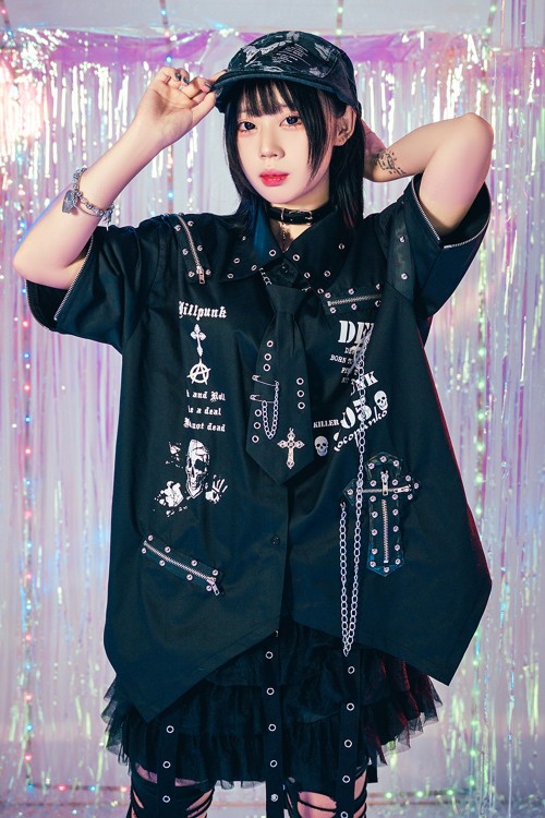 Camisa Punk con Corbata y Mangas Desmontables Punk Overture en Negro - Jill Punk