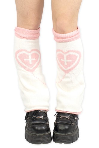 Yami Kawaii Heart Knit Leg Warmers in White x Pink