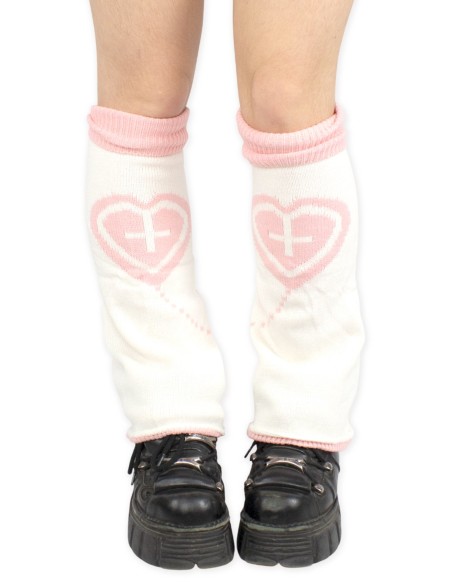 Yami Kawaii Heart Knit Leg Warmers in White x Pink